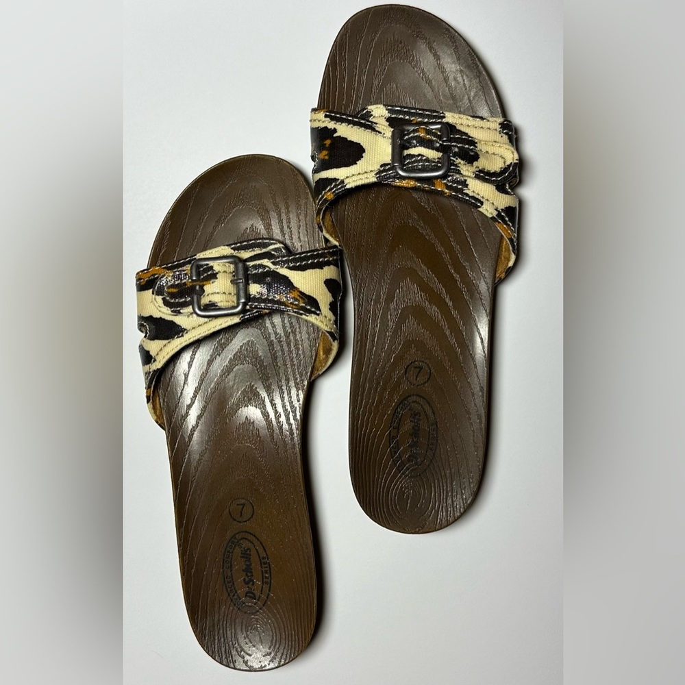 Dr Scholls Leopard Print  Advanced Comfort Slide Buckle Sandals Brown Faux Wood